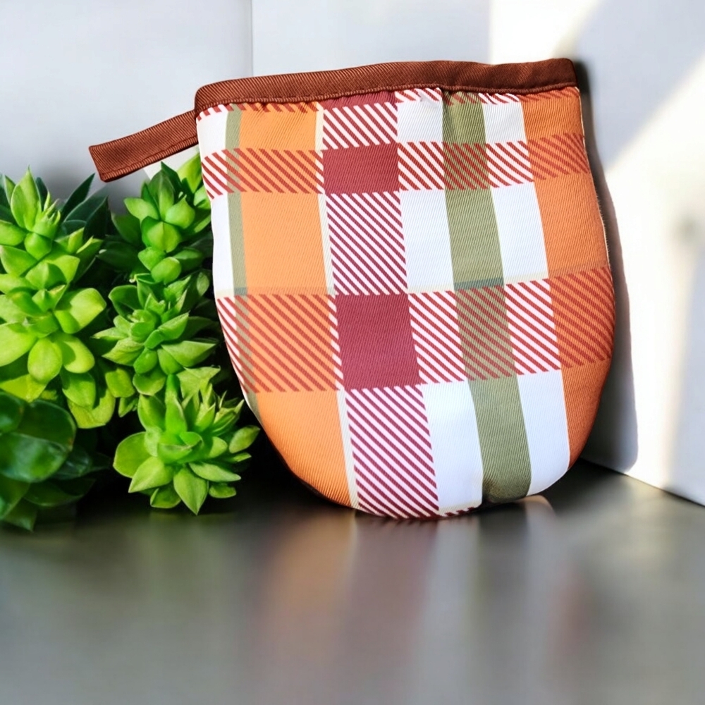 2 Mini Mitts Striped Plaid Orange Green Brown 5.75" x 5.75"
